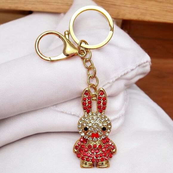 White and Red Rhinestone Bunny Gold Tone Keychain - Picture 1 of 3